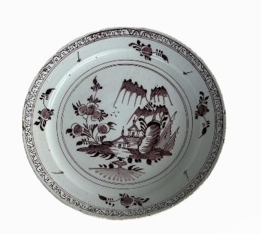 English Delft Plate with Chinese Scene in maganese 18thc